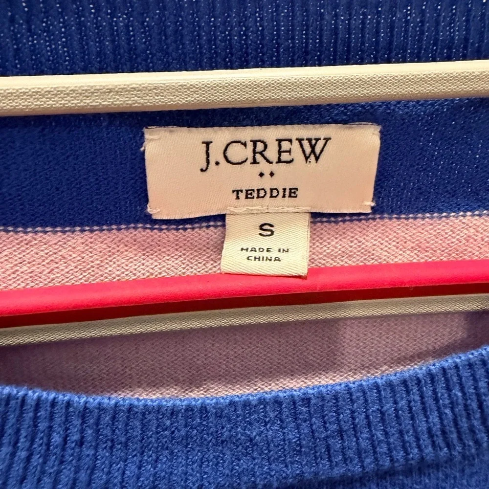 J.Crew Teddy Sweater Small Blue Pink Striped Crewneck 100% Cotton Lightweight